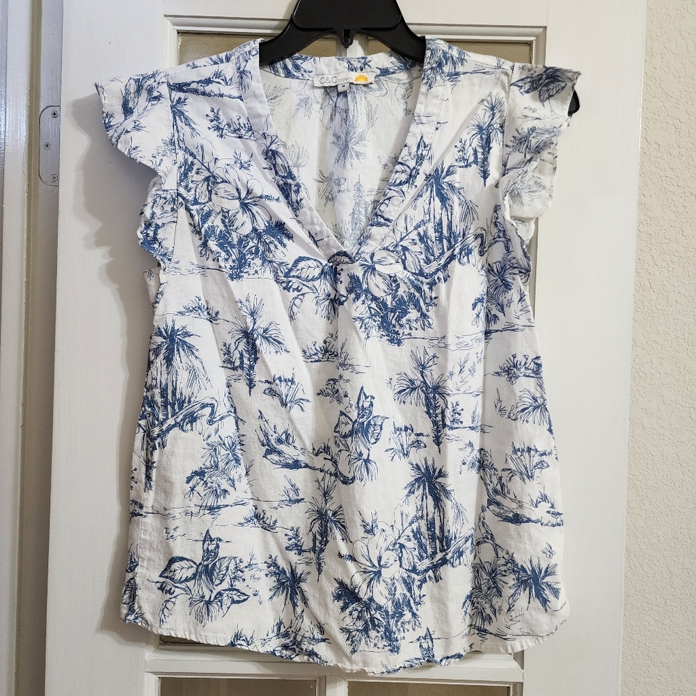 C&C California Linen Blend Tropical Toile Blouse Blue White Flutter Sleeve Med